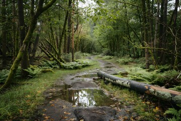 Fototapeta premium Tranquil forest path with fallen log and mossy ground