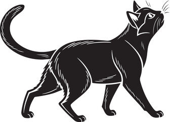 Black cat looking up silhouette with white outlines