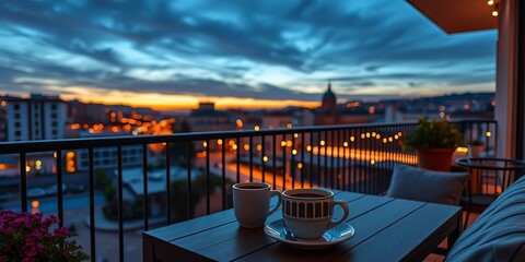 Cozy balcony, dusk city lights, coffee cups, soft evening sky, warm glow,  cityscape,  peaceful
