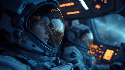 Close-Up of Astronauts Inside Spacecraft Cockpit, Wearing Space Suits and Helmets During Space Mission Launch