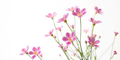 Delicate pink mountain centaury flowers in full bloom against a pure white background,  studio shot,  bloom