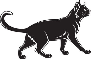 Black cat walking left to right with white outline