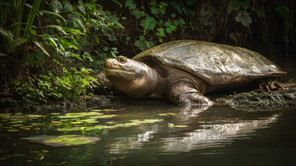 Yangtze giant softshell turtle (Rafetus swinhoei) elegantly resting on the muddy riverbank in a tranquil setting