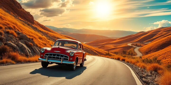Fototapeta Retro car on winding road, vibrant hills, sunny sky,  graphic,   sky