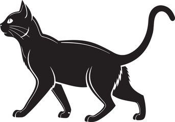 Black cat walking silhouette side view on white background