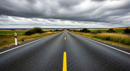 Endless asphalt road disappearing into the horizon through a rural landscape under a dramatic, stormy sky