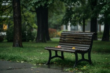 Fototapeta premium Empty wooden park bench surrounded by lush green trees on a cloudy day
