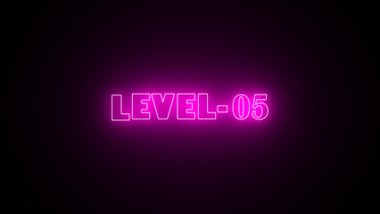 LEVEL-05 neon bright text background. Abstract neon level 05 number 4k illustration. Game concept next level.