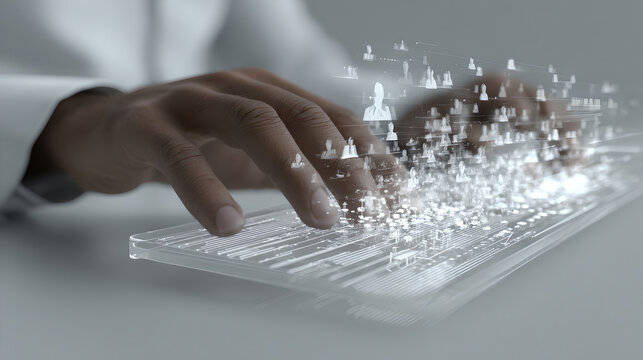 A hand interacts with a virtual interface on a laptop keyboard with social network icons.