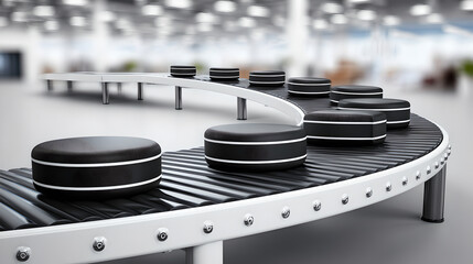 A conveyor belt with black, segmented puck-like objects moving along a curved path.
