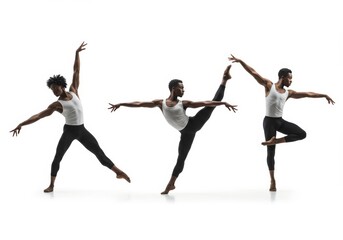 A sequence of a skilled male dancer in various balanced positions against white
