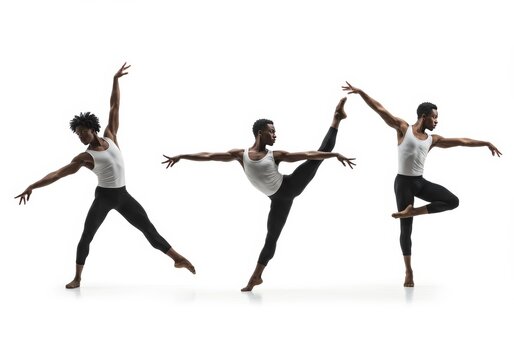 A sequence of a skilled male dancer in various balanced positions against white