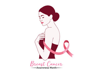 Pink ribbon, women's breast outline vector illustration. One line drawing concept, poster for Pink ribbon, National Breast Cancer Awareness Month.