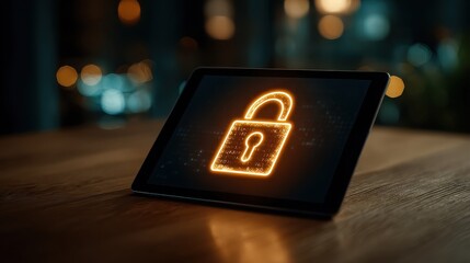 A tablet displaying a glowing padlock icon on a wooden surface with a blurred background at night