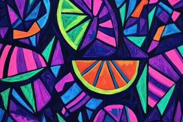 Vibrant, stylized citrus slices and geometric shapes interlock on a dark background, creating a dynamic, almost stained-glass effect with bold, contrasting colors