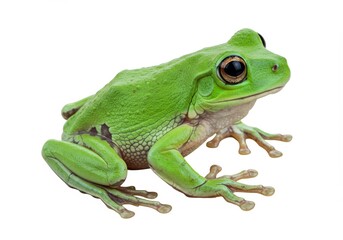 Obraz premium Bright green tree frog with detailed skin texture against white backdrop