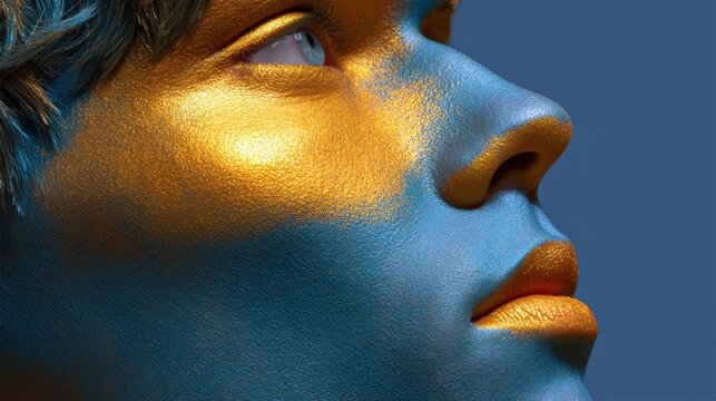Abstract portrait in dual lighting gold and blue face art in studio setting