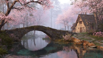 Fototapeta premium Misty Spring Cottage, Stone Bridge, Peaceful River, Fantasy Landscape, Postcard