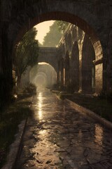 Fototapeta premium A stone walkway under arched structures on a rainy day.