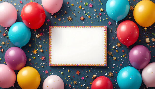 A decorative, bordered frame with a blank center set on a dark blue surface surrounded by confetti, perfect for a personalized note in 4K and HD.