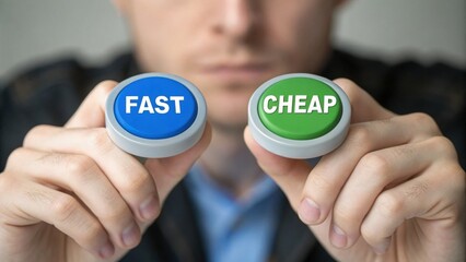 A person holds two buttons labeled "FAST" and "CHEAP," symbolizing a choice between speed and affordability.