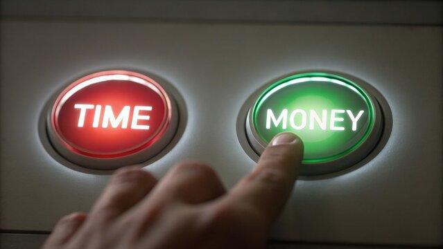 A hand presses a green button labeled "MONEY" beside a red button labeled "TIME," symbolizing the choice between time and financial resources.