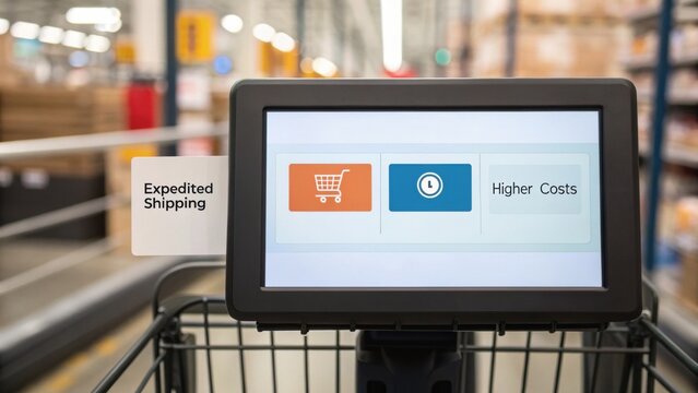 A digital screen on a shopping cart displays options for expedited shipping and higher costs in a warehouse setting.