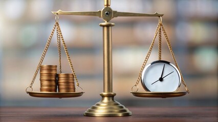 A balance scale displays coins on one side and a clock on the other, symbolizing the relationship between money and time.