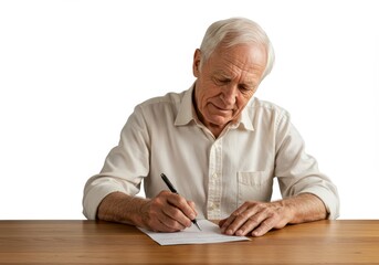 Senior man meticulously drafting document with focused attention to details
