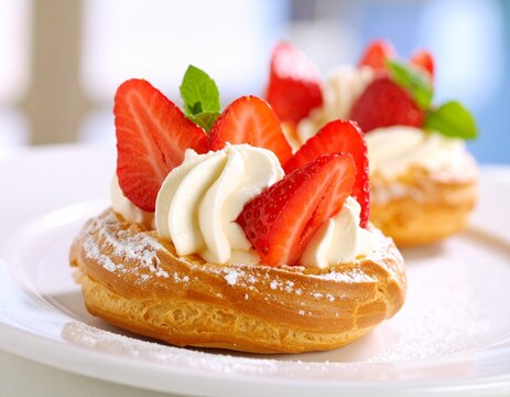 Super realistic cream puff with whipped cream and fresh strawberries, powdered sugar, bright light, AI generated.