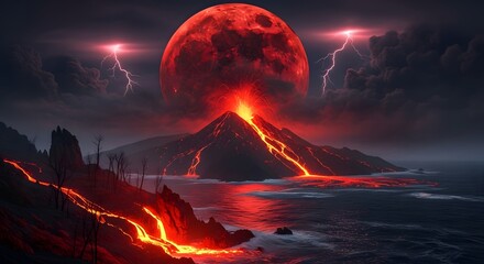 Volcanic Eruption Under a Blood Moon Illuminates a Dark Coastal Landscape, A Dramatic Seascape with Lava Flowing into the Ocean Beneath a Giant Red Moon