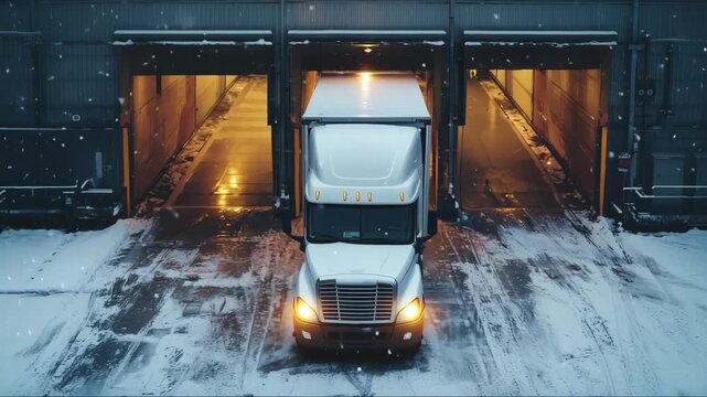 Snow-covered loading dock with a large truck preparing to depart on a winter day while flurries fall