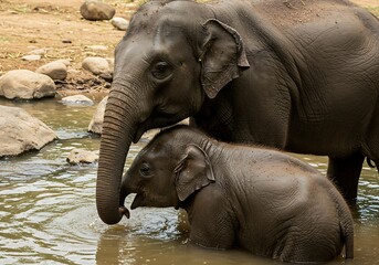 Fototapeta premium Two Asian Elephants in a River, Close-up. Generative Ai