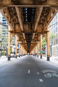 Below the elevated train tracks in chicago