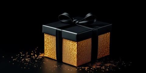 Elegant black & gold gift box with glitter accents on black background, luxury, seasonal