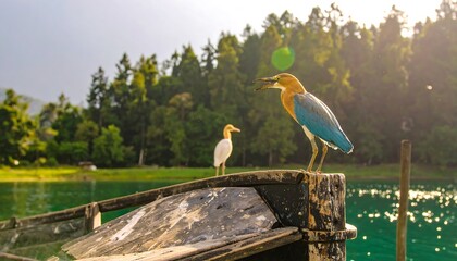 Two birds perched on a rustic boat dock, overlooking a serene lake