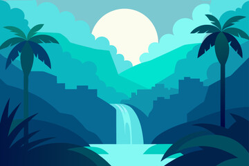 Obraz premium Illustration of tropical waterfall scene