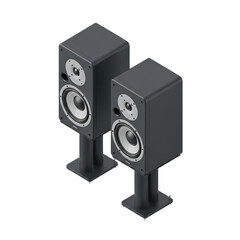 Obraz premium Two Modern Dark Gray Speakers on Stands, Detailed View