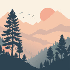 vector illustration of a serene mountain landscape at sunrise
