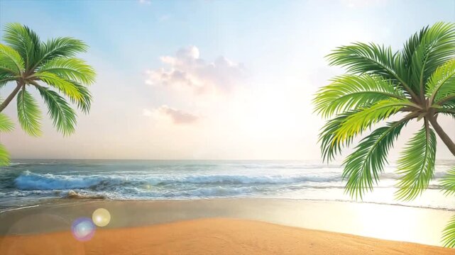 A vibrant cartoon beach background with swaying palm trees, clear blue ocean, and soft sandy shores under a bright sky. Perfect for summer and travel themes.