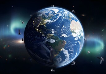 Animation of Earth seen from space, the globe spinning on satellite view . Global space exploration space travel concept digitally generated image.  3d animation.
