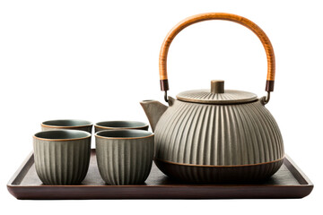 Asian style ceramic teapot with cups on a wooden serving tray isolated with transparent background