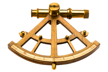 Vintage brass and wood nautical sextant for navigation isolated with transparent background
