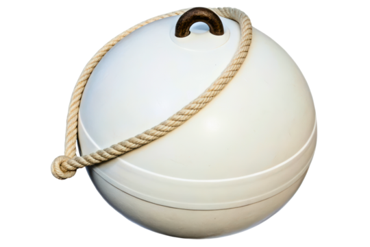 White spherical marine mooring buoy with an attached rope isolated with transparent background