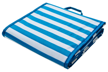 Folded portable outdoor picnic blanket with blue and white stripes isolated with transparent background