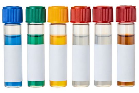 Row of medical test vials with colored caps and blank labels isolated with transparent background