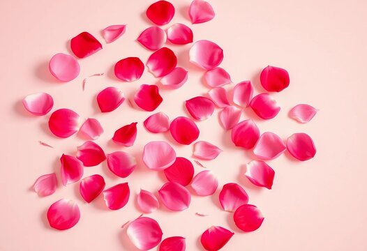 Soft pink and red rose petals, scattered artfully on a smooth surface, elegant, texture