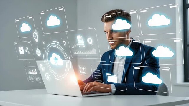 Professional managing virtual data storage on laptop
