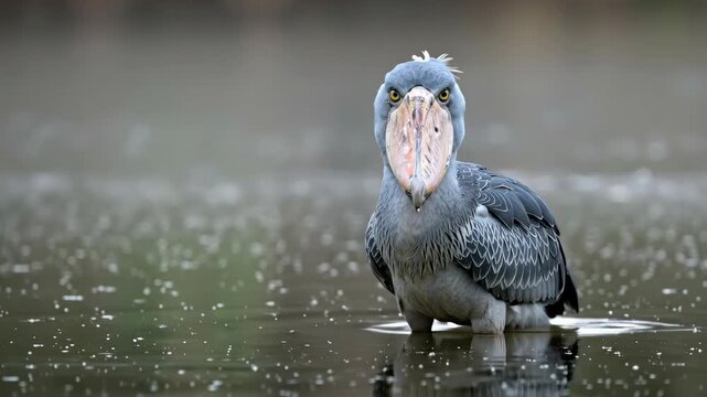 Shoebill stork bird with massive bill standing in wetland habitat showing distinctive prehistoric appearance. Large African wading bird displaying unique shoe-shaped beak among reeds