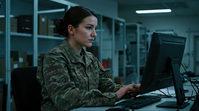 Female soldier working on computer in military command center during night shift operations. Woman officer analyzing data technology equipment in defense facility